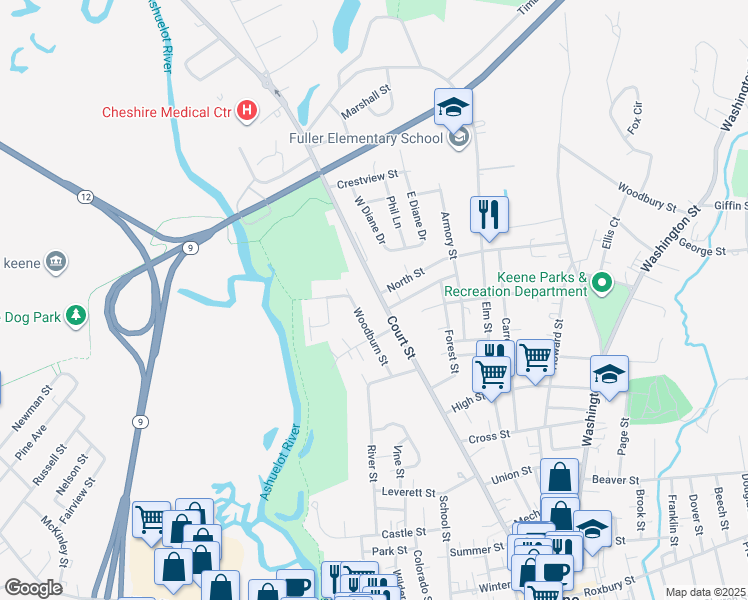 map of restaurants, bars, coffee shops, grocery stores, and more near 390 Court Street in Keene