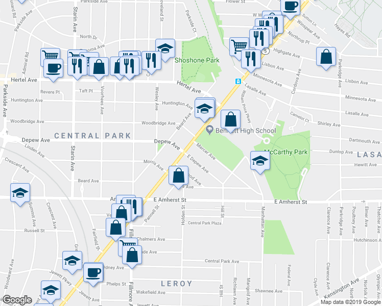 map of restaurants, bars, coffee shops, grocery stores, and more near 2833 Main Street in Buffalo