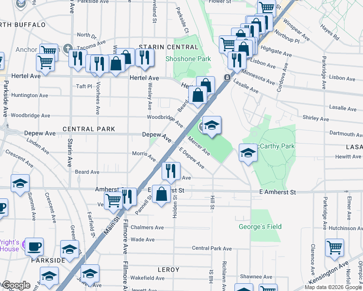 map of restaurants, bars, coffee shops, grocery stores, and more near 2833 Main Street in Buffalo