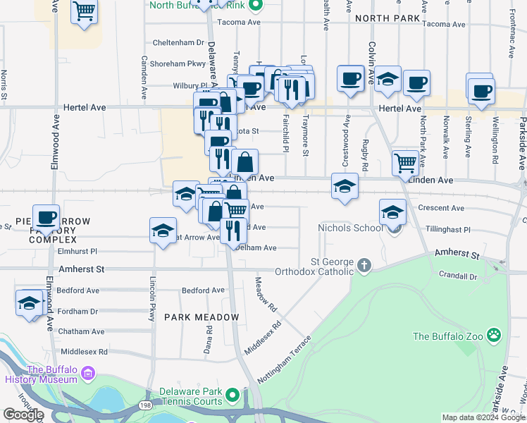 map of restaurants, bars, coffee shops, grocery stores, and more near 64 Knox Avenue in Buffalo
