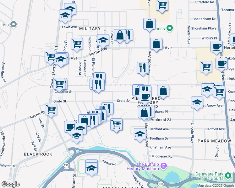 map of restaurants, bars, coffee shops, grocery stores, and more near 261 Chandler Street in Buffalo