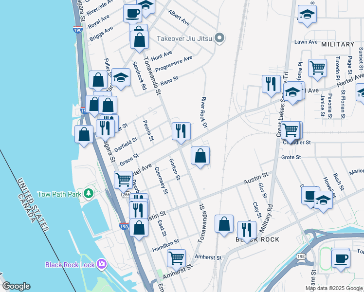 map of restaurants, bars, coffee shops, grocery stores, and more near 198 Hertel Avenue in Buffalo