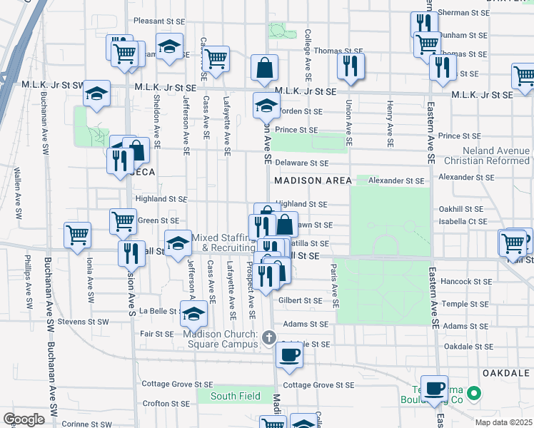 map of restaurants, bars, coffee shops, grocery stores, and more near in Grand Rapids