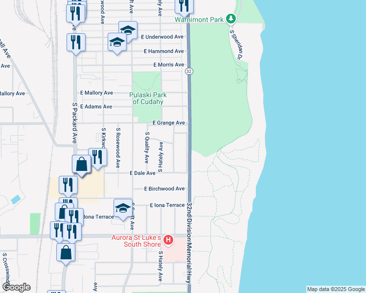 map of restaurants, bars, coffee shops, grocery stores, and more near 5555 South Lake Drive in Cudahy