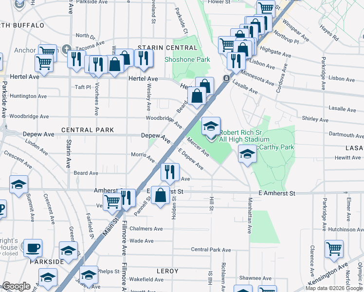 map of restaurants, bars, coffee shops, grocery stores, and more near 2833 Main Street in Buffalo