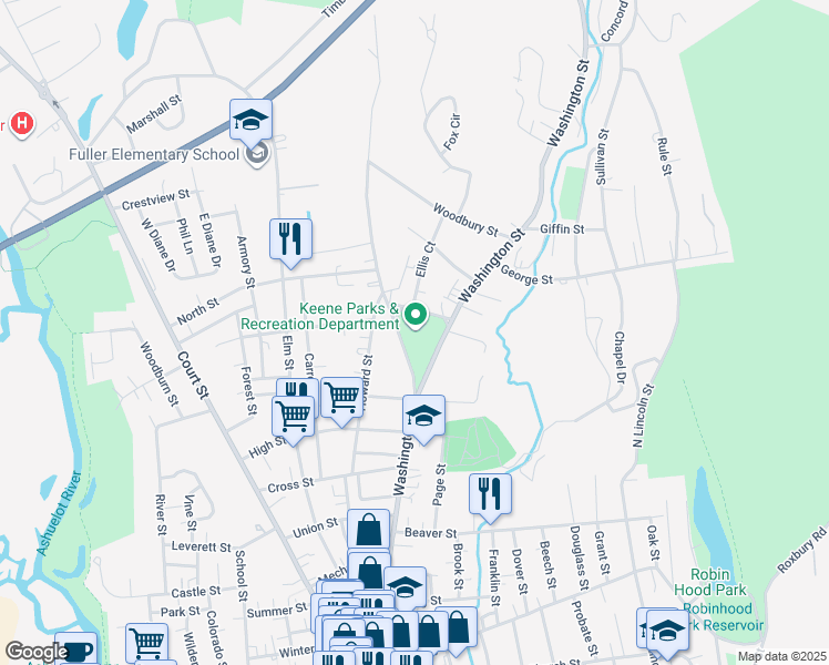 map of restaurants, bars, coffee shops, grocery stores, and more near 312 Washington Street in Keene