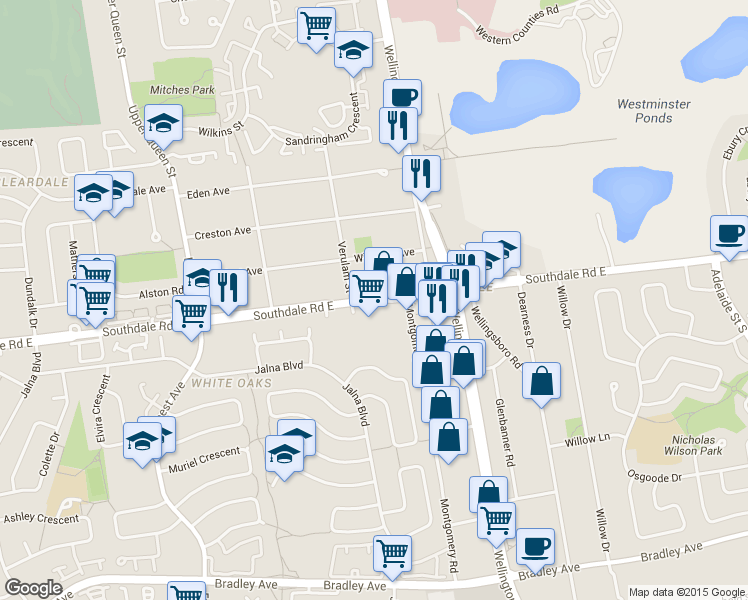 map of restaurants, bars, coffee shops, grocery stores, and more near 636 Southdale Rd E in London