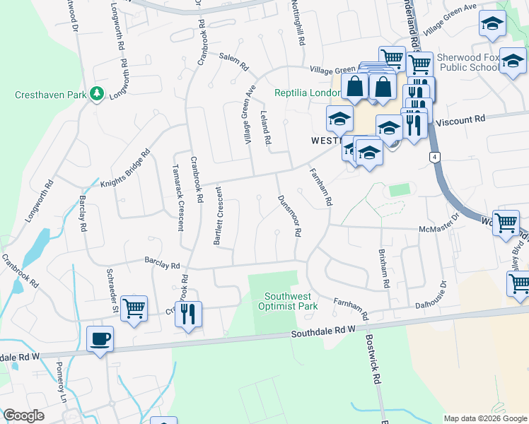 map of restaurants, bars, coffee shops, grocery stores, and more near 57 Chaucer Road in London