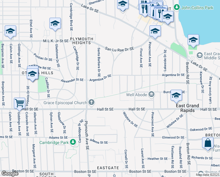 map of restaurants, bars, coffee shops, grocery stores, and more near 1055 San Lucia Drive Southeast in Grand Rapids