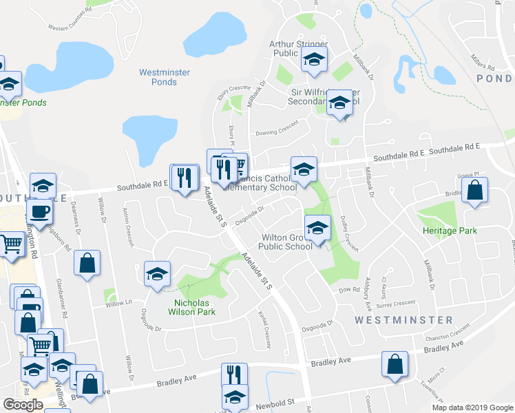map of restaurants, bars, coffee shops, grocery stores, and more near 700 Osgoode Drive in London