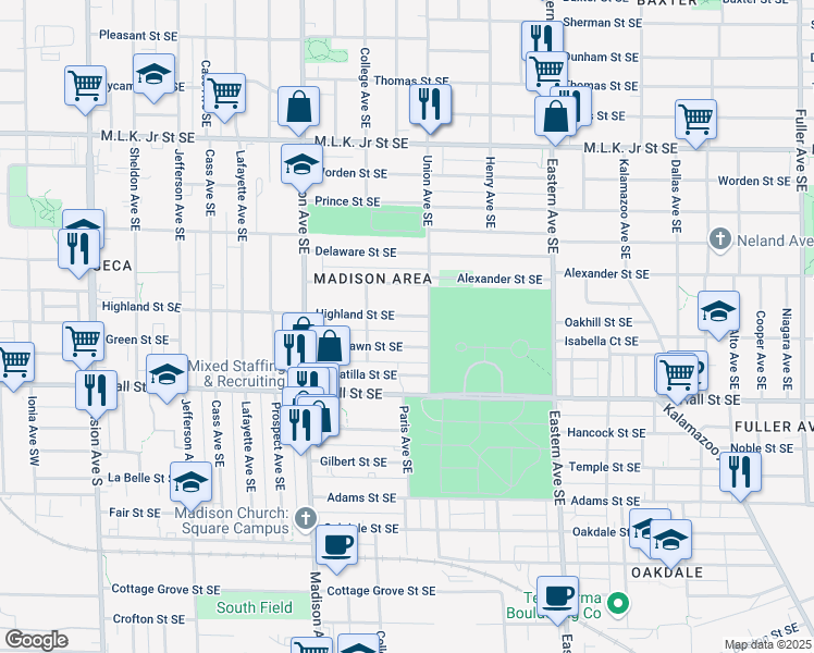 map of restaurants, bars, coffee shops, grocery stores, and more near 553 Highland Street Southeast in Grand Rapids