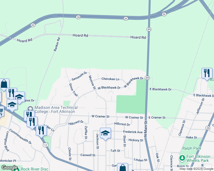 map of restaurants, bars, coffee shops, grocery stores, and more near 505 Cherokee Lane in Fort Atkinson