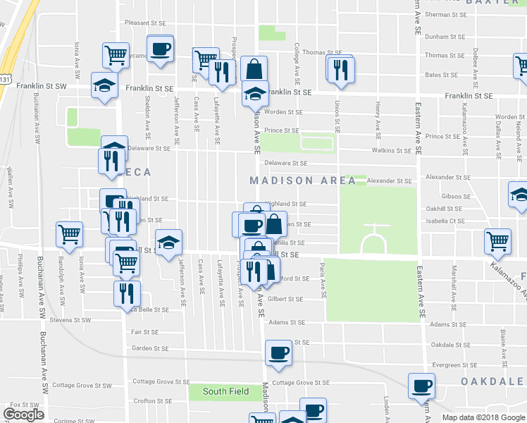 map of restaurants, bars, coffee shops, grocery stores, and more near 1110 Madison Avenue Southeast in Grand Rapids