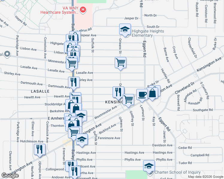 map of restaurants, bars, coffee shops, grocery stores, and more near 436 Dartmouth Avenue in Buffalo