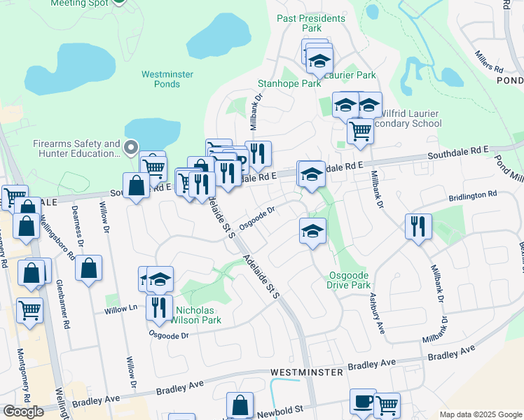 map of restaurants, bars, coffee shops, grocery stores, and more near 700 Osgoode Drive in London