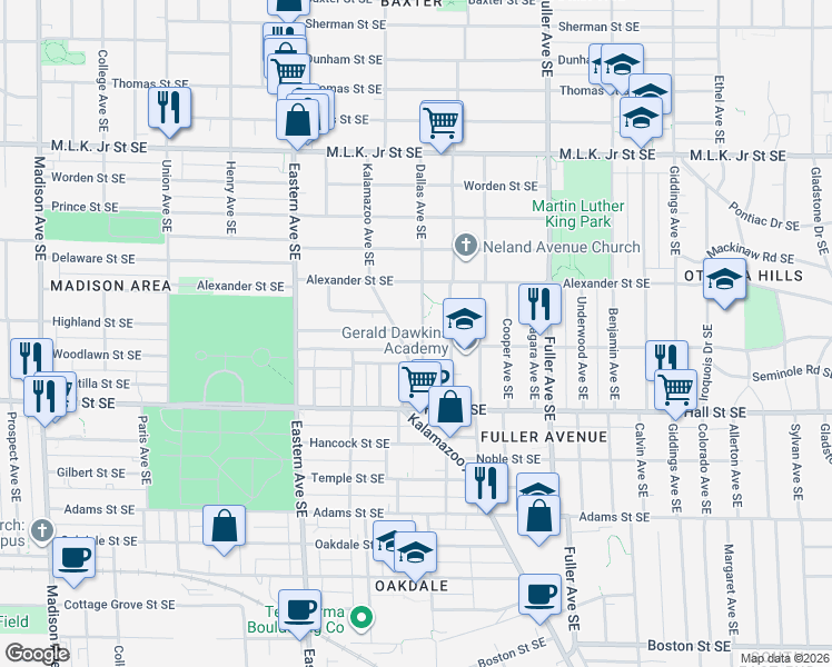 map of restaurants, bars, coffee shops, grocery stores, and more near 1051 Dallas Avenue Southeast in Grand Rapids