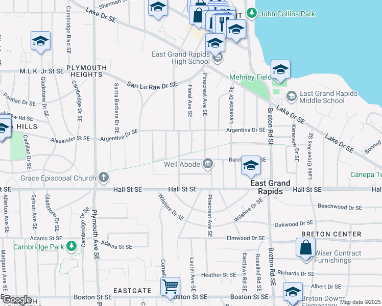 map of restaurants, bars, coffee shops, grocery stores, and more near Interurban Trail in East Grand Rapids