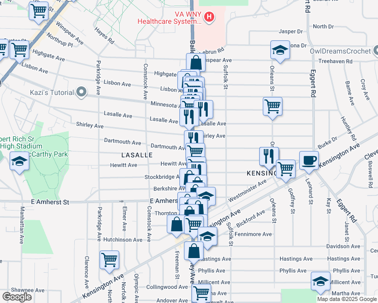map of restaurants, bars, coffee shops, grocery stores, and more near 262 Dartmouth Avenue in Buffalo