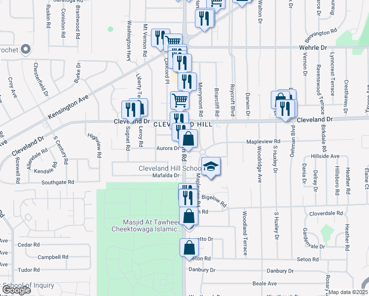 map of restaurants, bars, coffee shops, grocery stores, and more near Harlem Road & Aurora Drive in Buffalo