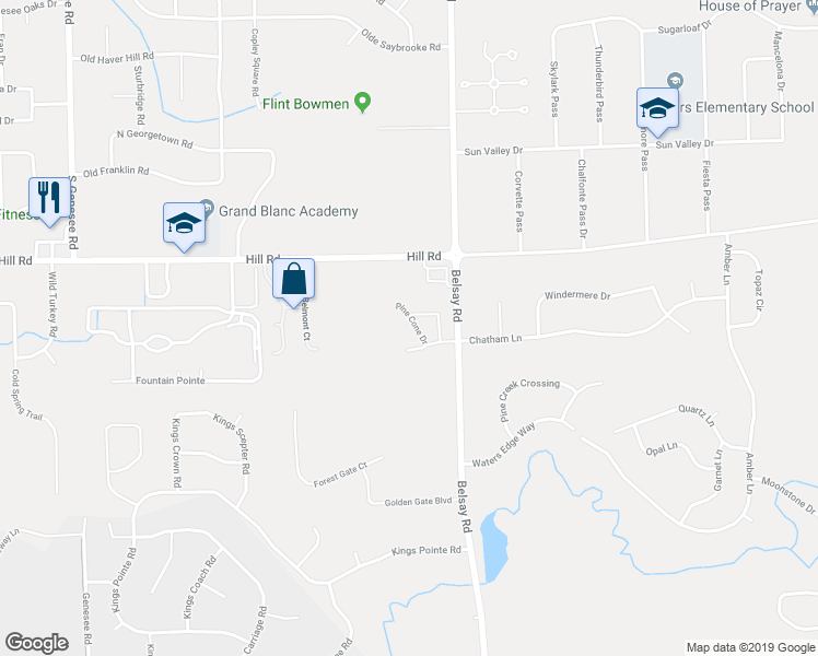 map of restaurants, bars, coffee shops, grocery stores, and more near 6071 Pine Cone Drive in Grand Blanc