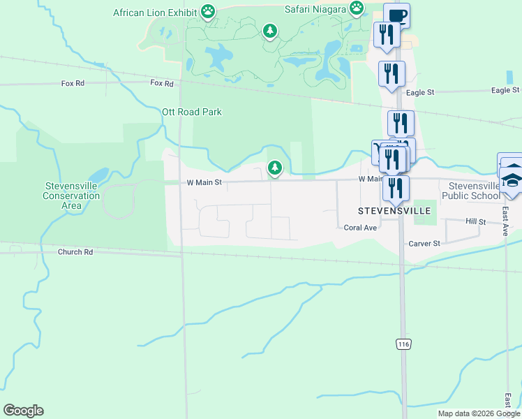 map of restaurants, bars, coffee shops, grocery stores, and more near 3945 Village Creek Drive in Fort Erie