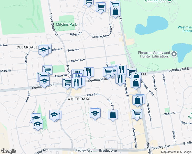 map of restaurants, bars, coffee shops, grocery stores, and more near 582 Southdale Road East in London