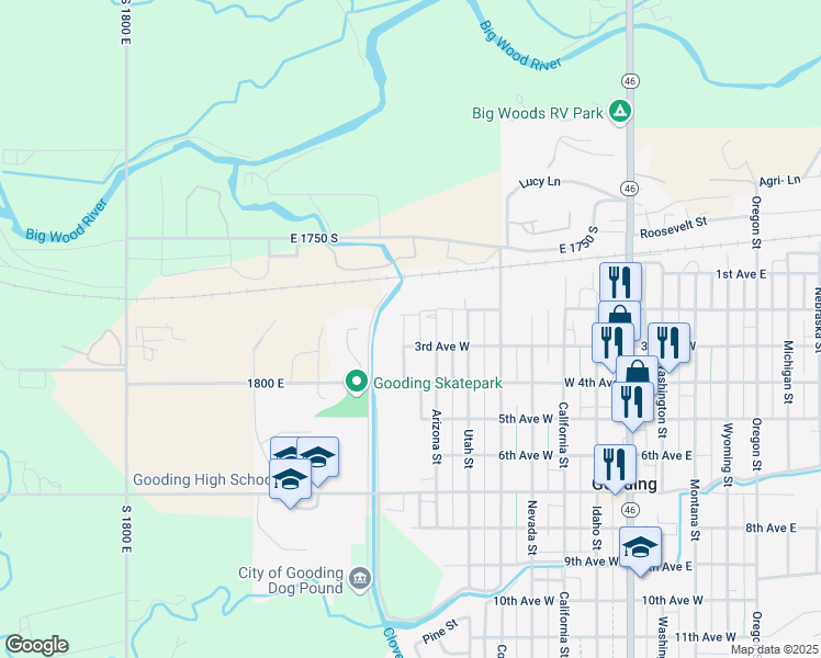 map of restaurants, bars, coffee shops, grocery stores, and more near 206 Texas Street in Gooding