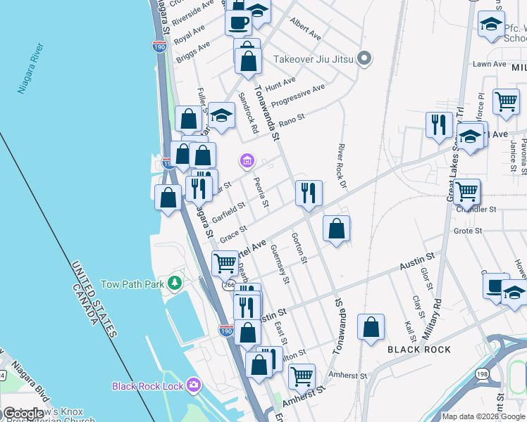 map of restaurants, bars, coffee shops, grocery stores, and more near 8 Peoria Street in Buffalo