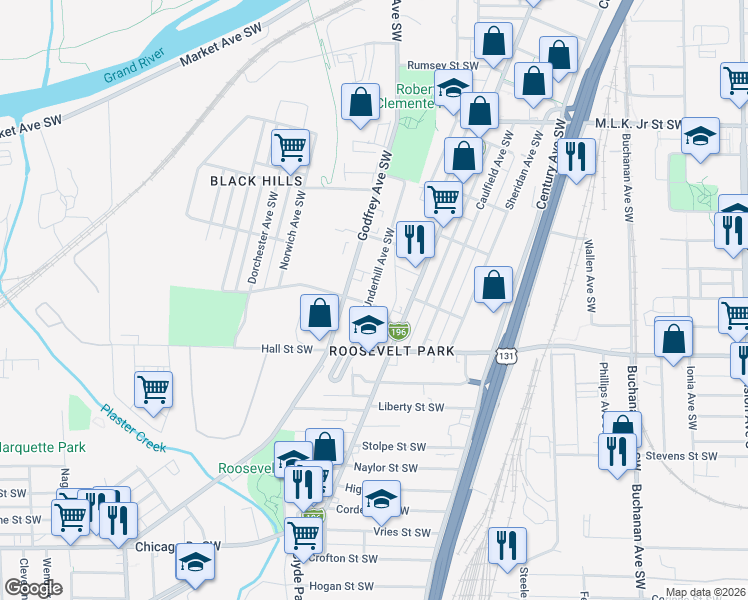 map of restaurants, bars, coffee shops, grocery stores, and more near 1056 Underhill Avenue Southwest in Grand Rapids