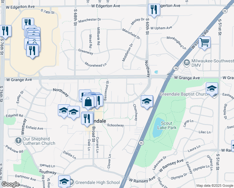 map of restaurants, bars, coffee shops, grocery stores, and more near 5585 Butternut Court in Greendale