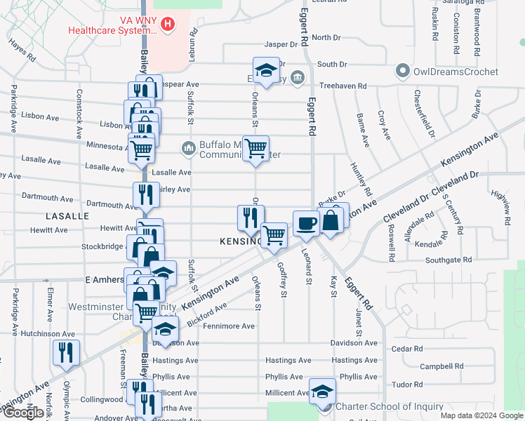 map of restaurants, bars, coffee shops, grocery stores, and more near 489 Dartmouth Avenue in Buffalo