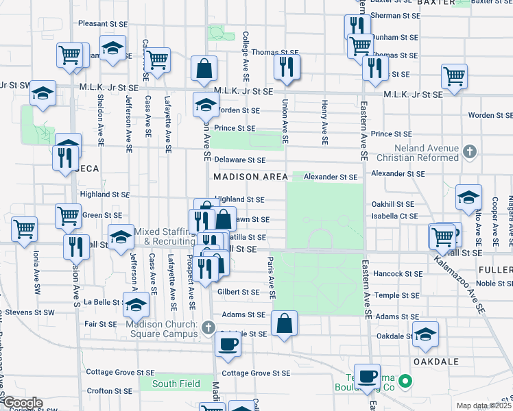 map of restaurants, bars, coffee shops, grocery stores, and more near 512 Highland Street Southeast in Grand Rapids