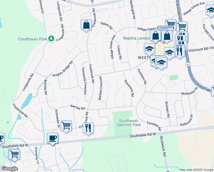 map of restaurants, bars, coffee shops, grocery stores, and more near 75 Kinnear Crescent in London