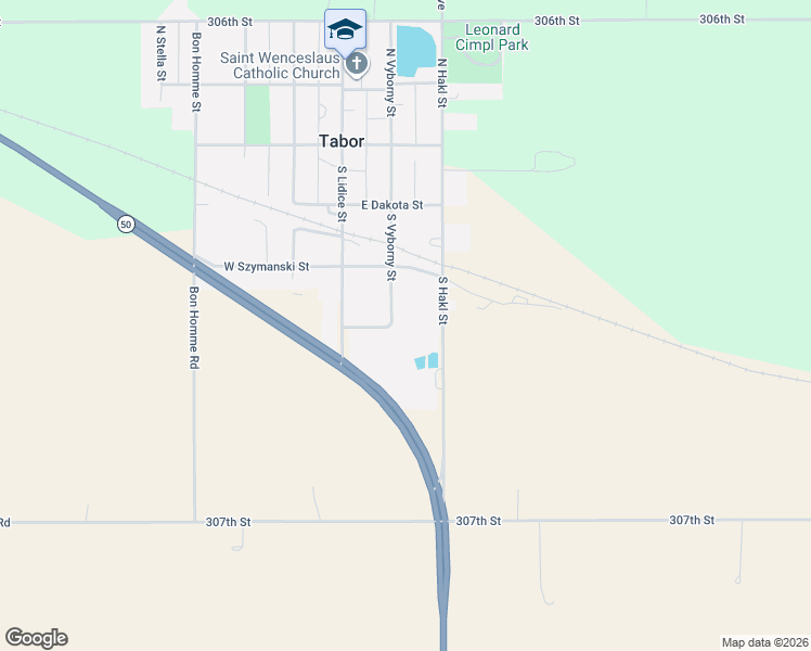 map of restaurants, bars, coffee shops, grocery stores, and more near 127 East Kudrna Street in Tabor