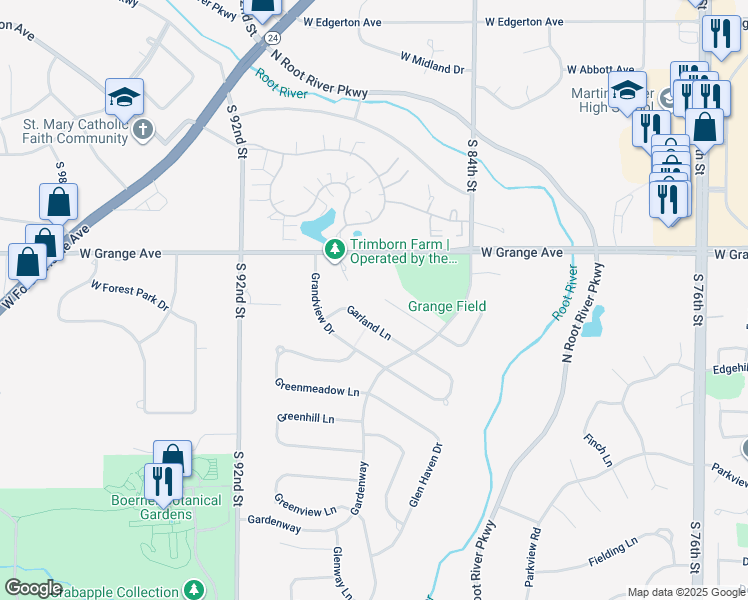 map of restaurants, bars, coffee shops, grocery stores, and more near 5631 Gatewood Lane in Greendale
