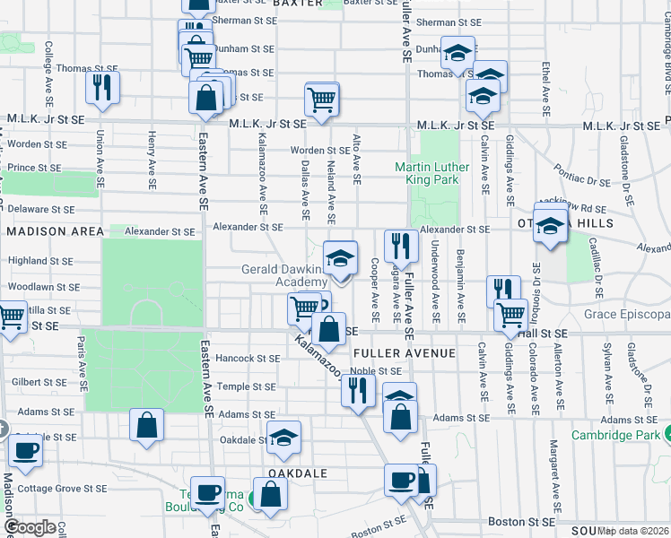 map of restaurants, bars, coffee shops, grocery stores, and more near 1048 Neland Avenue Southeast in Grand Rapids