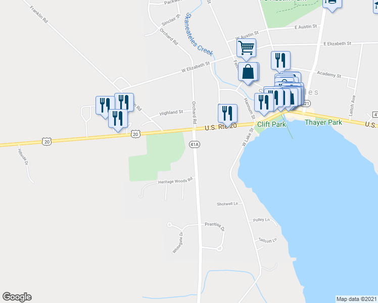 map of restaurants, bars, coffee shops, grocery stores, and more near 10 Kane Avenue in Skaneateles