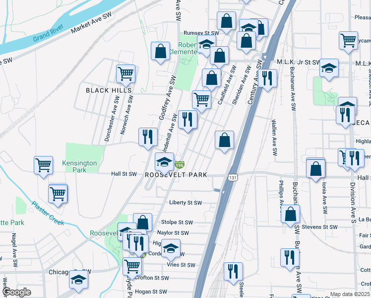 map of restaurants, bars, coffee shops, grocery stores, and more near 1100 Grandville Avenue Southwest in Grand Rapids