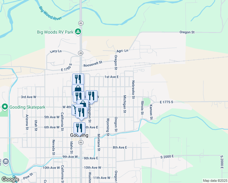 map of restaurants, bars, coffee shops, grocery stores, and more near 207 Oregon Street in Gooding
