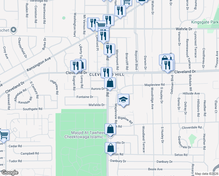 map of restaurants, bars, coffee shops, grocery stores, and more near 3660 Harlem Road in Buffalo