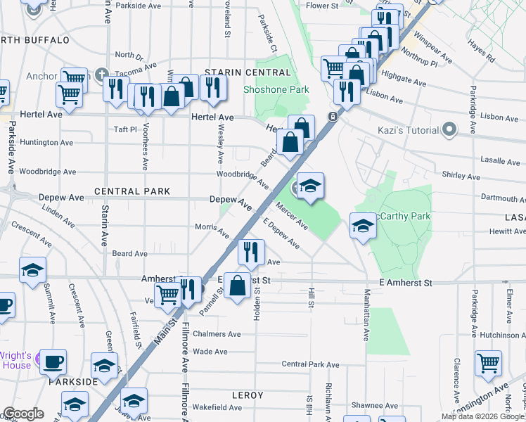 map of restaurants, bars, coffee shops, grocery stores, and more near 2833 Main Street in Buffalo