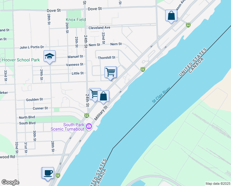 map of restaurants, bars, coffee shops, grocery stores, and more near 3417 Military Street in Port Huron