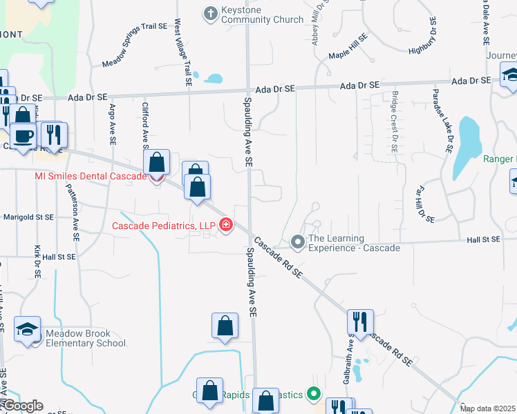 map of restaurants, bars, coffee shops, grocery stores, and more near 5213 Knoll Place Drive Southeast in Grand Rapids