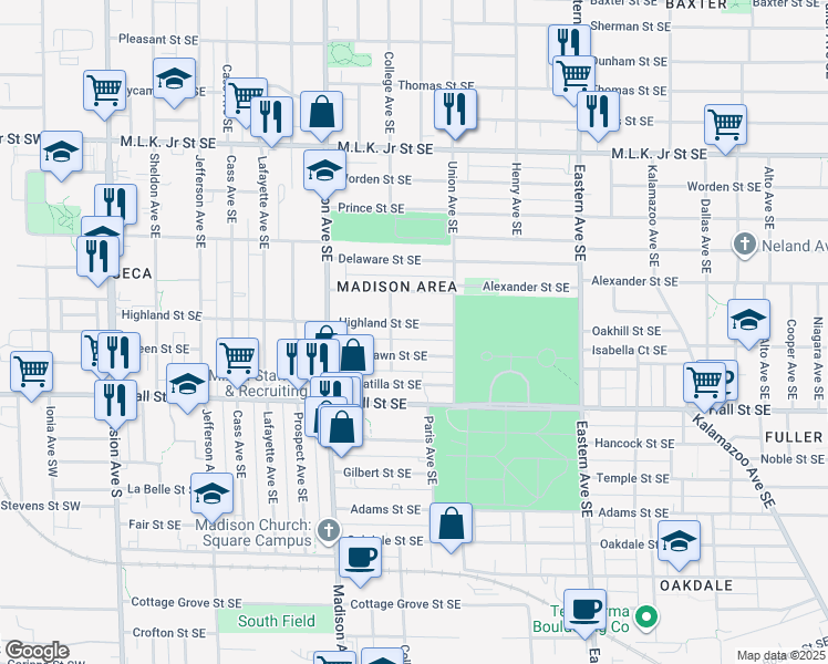 map of restaurants, bars, coffee shops, grocery stores, and more near 512 Highland Street Southeast in Grand Rapids