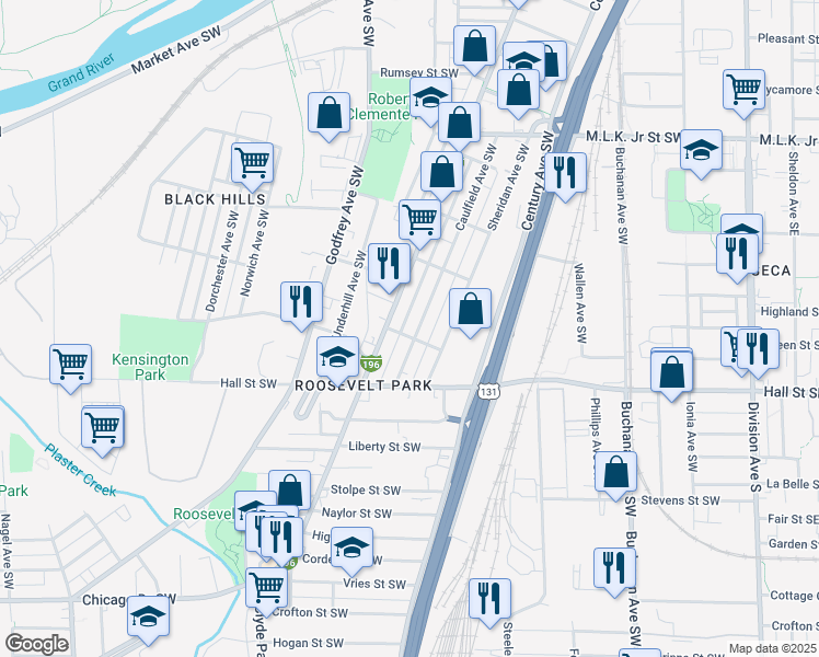 map of restaurants, bars, coffee shops, grocery stores, and more near 1071 Grandville Avenue Southwest in Grand Rapids