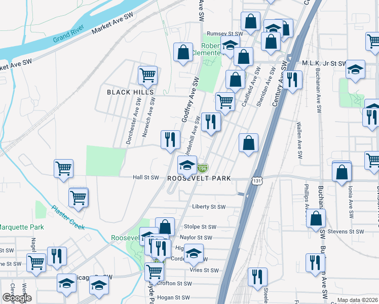 map of restaurants, bars, coffee shops, grocery stores, and more near 1056 Underhill Avenue Southwest in Grand Rapids