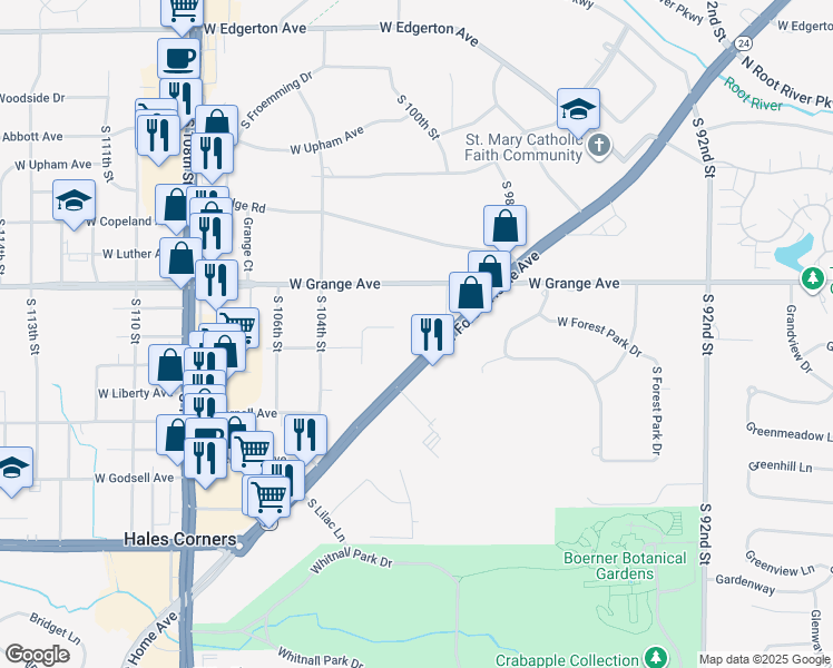 map of restaurants, bars, coffee shops, grocery stores, and more near 10120 West Denis Avenue in Hales Corners