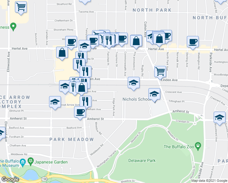 map of restaurants, bars, coffee shops, grocery stores, and more near Edge Park Avenue & Knox Avenue in Buffalo