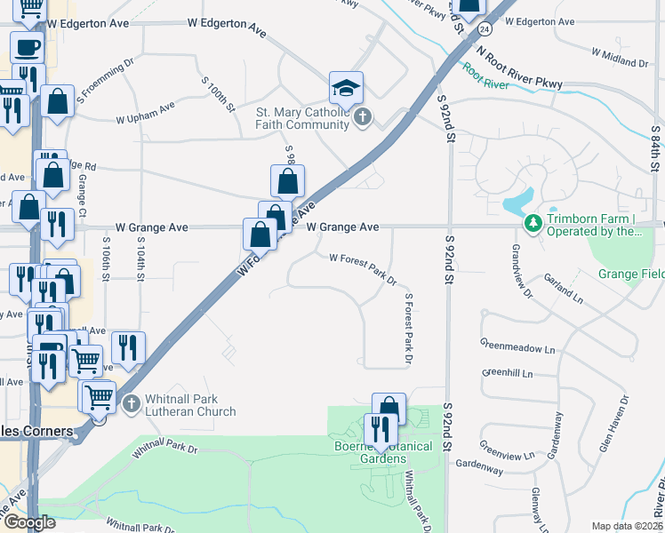 map of restaurants, bars, coffee shops, grocery stores, and more near 9615 West Forest Park Drive in Hales Corners
