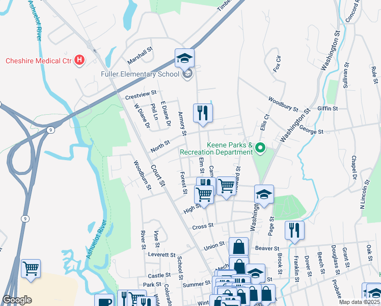 map of restaurants, bars, coffee shops, grocery stores, and more near 51 Armory Street in Keene